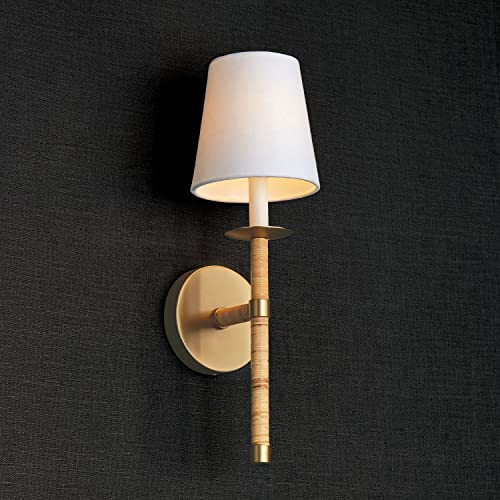 Image of Capital Lighting 647211MA-705 Tulum White Fabric Shade with Handcraft Rattan Torchiere Wall Sconce, 1-Light 60 Watt, 18 inch H x 6 inch W, Matte Brass