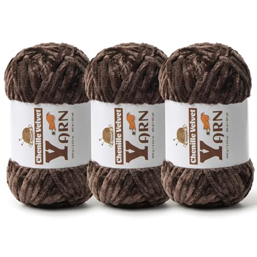 Image of 3 Pack Plush Chenille Chunky Yarn - Fluffy Velvet Yarn Crochet for Blanket Knitting and Crocheting - Soft Baby Yarns for Crocheting - Amigurumi Crochet Yarns 100g (87yds) (Coffee)