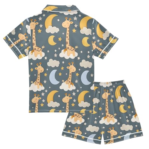 ALAZA Giraffe Starry Moon Pajamas Satin Pajama Set Short Sleeve Button Down Sleepwear2