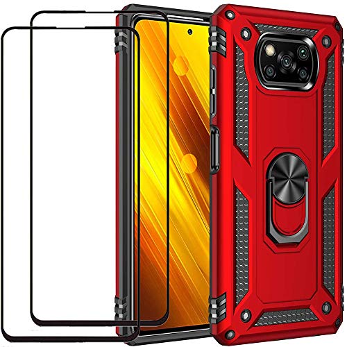 DuoLide for Xiaomi Poco X3 NFC/Xiaomi Poco X3 Case with Tempered Glass Screen Protector,Hybrid Heavy Duty Dual Layer Anti-Scratch Shockproof Defender Kickstand Case Cover, Red