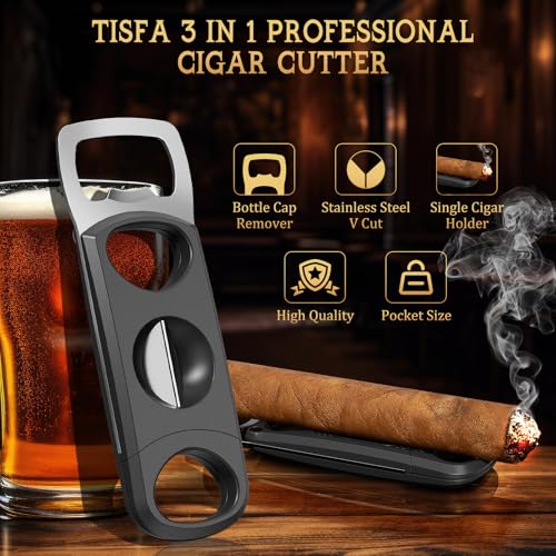 TISFA Cigar Cutter Set of 3, Cigar V Cutter Cigar Holder Bottle Opener 3 in 1, Stainless Steel Blade Cigar Clipper, Portable Cigar Cutter Guillotine Cigar Accessories Cuts Up to 60 Ring Gauge Cigars - Thumbnail 4