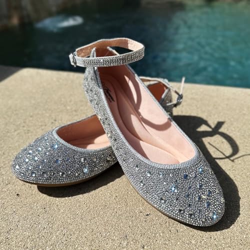 Forever Link Womens Closed Toe Ballet Ballerina Rhinestone Crystal Ankle Strap Flat Sandals Shoes4