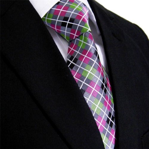 Intrepid Executive Wardrobe Accessory, Handmade 100% Silk Jacquard Woven Gray Pink Green Checked Tie 3.4" Classic Silk Jacquard Men's Necktie Tie #TOP5