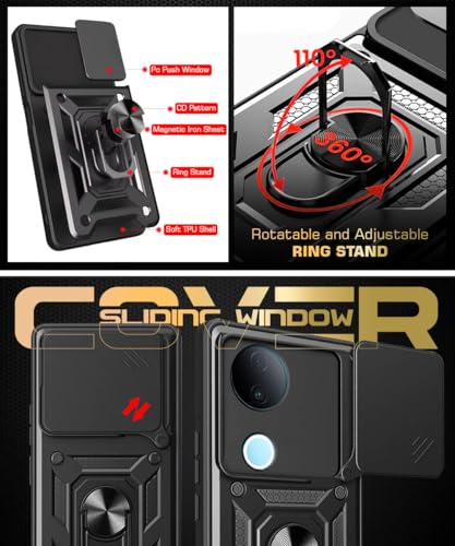 Image of WOW IMAGINE Tough Armor Bumper Mobile Back Case for iQOO Z10R 5G | Vivo V50 5G | V50e 5G | Sliding Camera Cover | Shock Proof 360 Protection | Hybrid PC + TPU | Ring Holder with Kickstand - Black