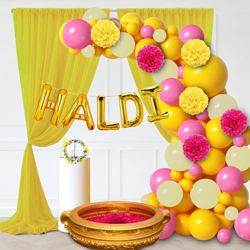 Party Propz Haldi Decoration Set for Marriage - 55pcs Ceremony Items, Tiara for Bride, Foil Balloon With Yellow Net Curtains, Paper Pom Pom, Wedding, Mehandi Decor