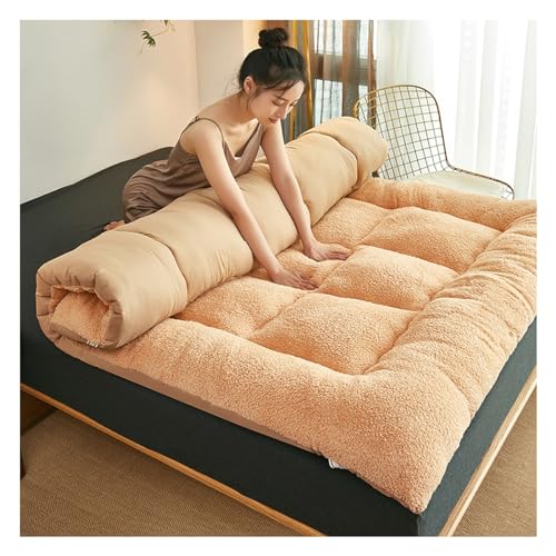 OBONG Thicken Warm Lamb Wool Mattress Topper Queen Ultra Soft Pillow Top Mattress Pad for Firm Bed Down Alternative Filled Japanese Floor Futon Mattress (Color : Khaki, Size : Queen-150 * 200cm)