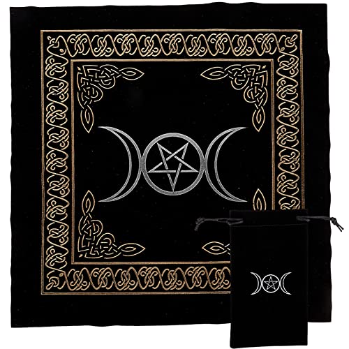 CREATCABIN Triquetra retablo Wicca Tarot adivination Card Black Gold Mantel Square Spiritual Astrology Deck Cloth with Edge, Triquetra, 19.69 x 17.72 Inch Cover