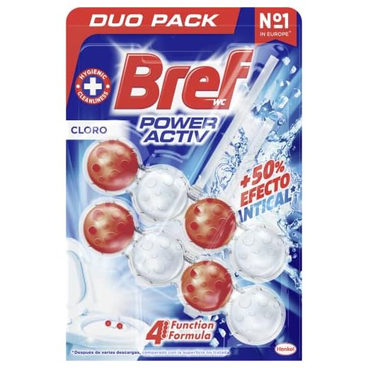 Bref Power Activ Cloro Cesta WC (2 unidades), limpia baño para un WC siempre limpio y fresco, limpiador de baños con fórmula antical que elimina la suciedad con la ayuda de blanqueantes clorados