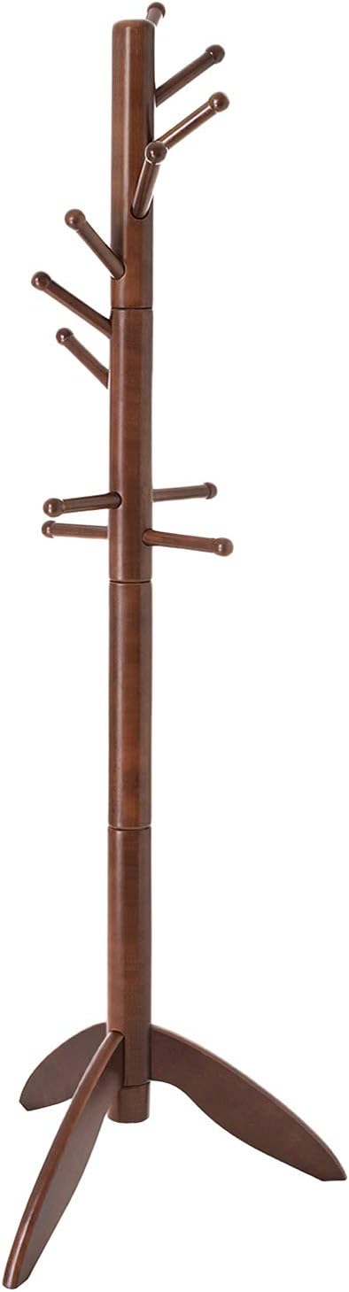 VASAGLE Coat Stand, Solid Wood Coat Rack Free Standing with 11 Hooks, Entryway Hall Tree for Clothes, Hats, Handbags, Rubberwood, Dark Walnut
