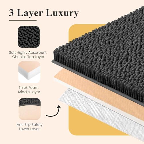 Image of MAYSHINE Plush Shaggy Chenille Bath Mat | Extra Soft, Super Absorbent, Non-Slip Bathroom Rug | Fluffy Microfiber, Area Rug Sets for Bathroom Floor, Kitchen, Living Room | 24 inchx17 inch | Shale Grey