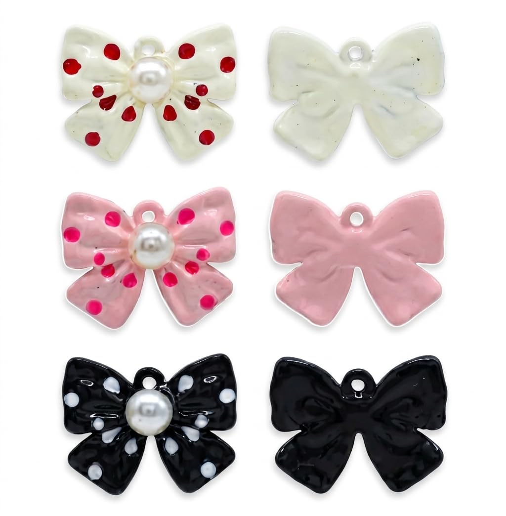 Metal Polka Dot Ribbon Bow Charm | Size : 22mm | Qty : 6pcs | CHE168 | Pink-image-2