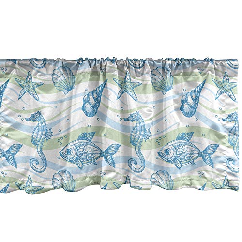 Ambesonne Nautical Window Valance, Marine Ocean Shell Starfish Oyster Mollusk Sea Horse Underwater Aquatic Pattern, Curtain Valance For Kitchen Bedroom Decor With Rod Pocket, 54" X 18", Mint Blue #TOP12