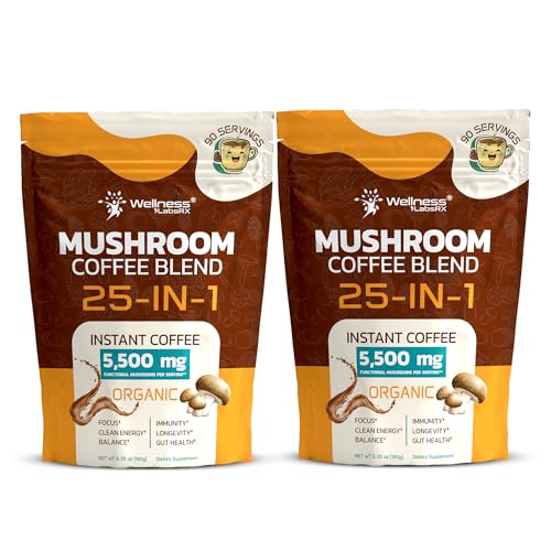 Organic Mushroom Coffee Instant, 25-in-1 Lions Mane &amp; Reishi, 180 Servings