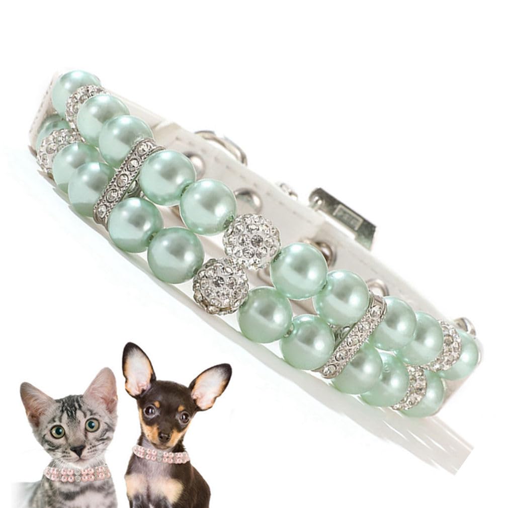 Green Pearl Collar for Dogs, Fancy Crystal Bling Pearl Dog Collar Rhinestone Luxury Beaded Puppy Necklace Diamond Girl Pet Jewelry for XXS XS Small