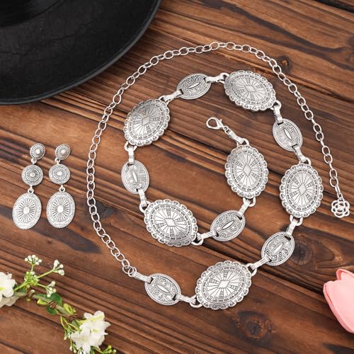 Western Concho Belt and Cowgirl Earrings Set, Silver Exquisite Vintage Oval Elements Waist Chain Dangle Earrings Boho Jewelry Gift for Women Country Concert Outfit3