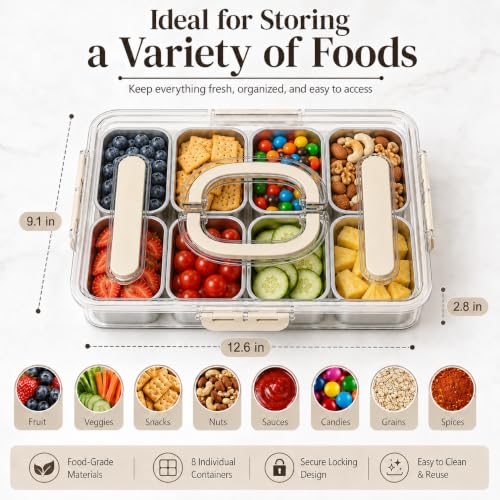 Image of Ankou Snackle Box Container, Stainless Steel Divided Serving Tray with Lid, Handle and Forks