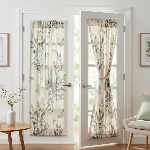 Image of MYSKY HOME Floral Linen French Door Curtains 72 inch Long 2 Panels for Front Door Light Filtering Privacy Semi Sheer Window Curtains with Rod Pocket, Green, 24 inch W Each Panel