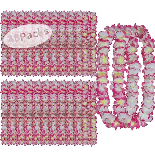 Mowane Leis for Luau Party, 48 Count | Thick and Lush Flower Leis for Luau Parties, Graduations, Birthdays, and Beach Weddings | Tropical Party Decorations and Hula Dance Accessories (48Pcs Pink)