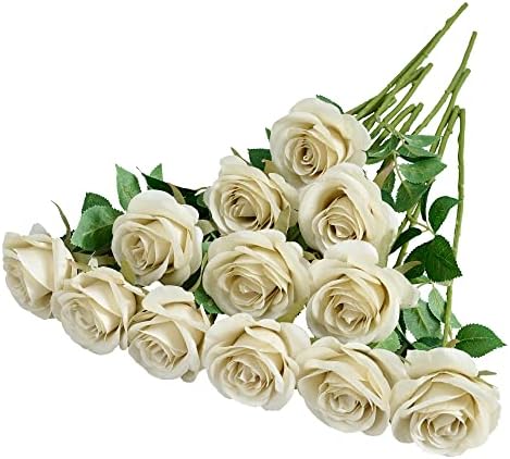 Helera 12pcs Roses Artificial Flowers Fake Rose Beige Silk Roses Tan Silk Flowers Rose with Long Stems for Wedding Home Party Centerpieces Decorations