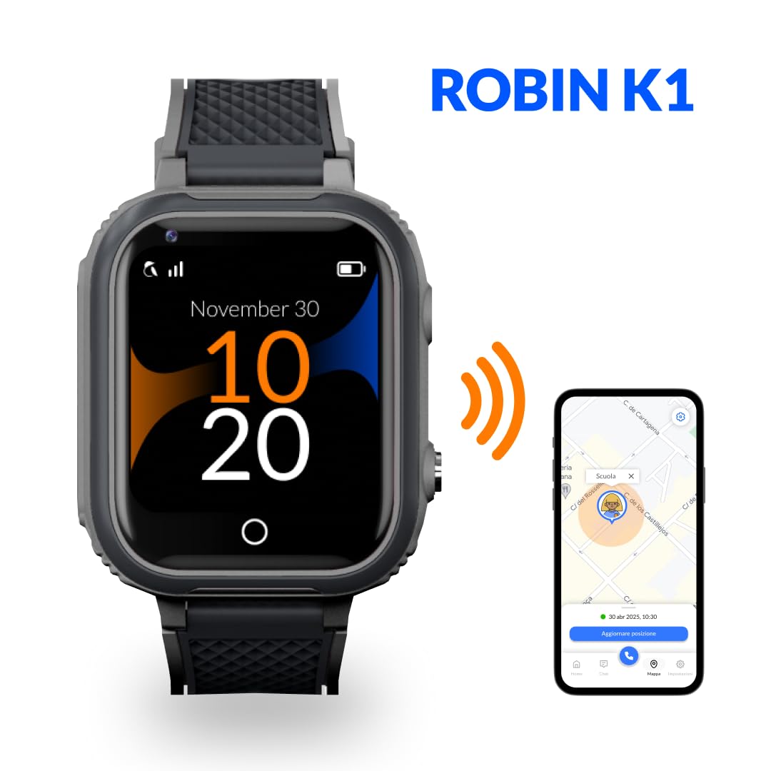 Robin Watch K1 | Alternativa allo Smartphone: Orologio 4G GPS per bambini e Chiamate Sicure, SOS, Modalità Classe, App Genitori, Batteria 2-3 Giorni | Senza Social, Senza Giochi, Senza Browser (Nero)