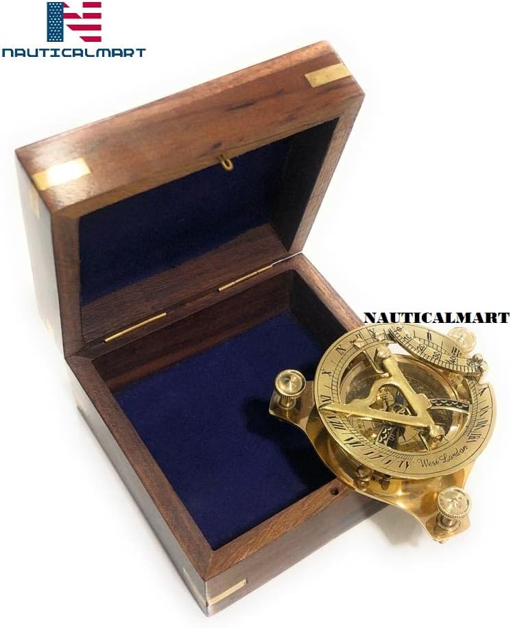 4" Sundial Compass Solid Brass Sun Dial (3" w/Wooden Box)