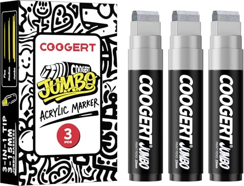 Coogert 3Pcs Silver Jumbo Poster Markers, 15MM Thick Permanent Acrylic Graffiti Markers, Wide Tip Paint Marker for Canvas, Posters Board, Fabric, Window, Glass, Wood, Teachers,Banner painting supplies