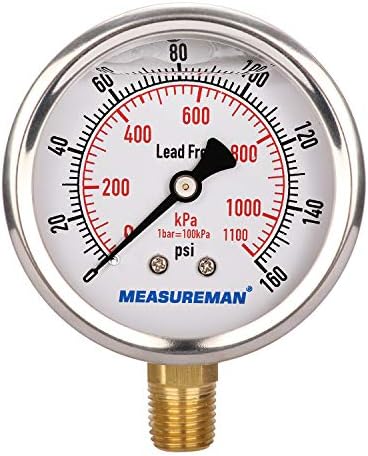 Measureman 2-1/2" Dial Size, Glycerin Filled Pressure Gauge, 0-100psi/kpa, 304 Stainless Steel Case, 1/4"NPT Lower Mount