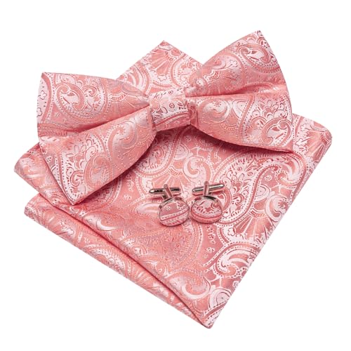 Image of Barry.Wang Paisley Striped Bow Tie for Men Silk Pre-Tied Bowtie Pocket Square Cufflinks Set Formal Wedding Party Prom