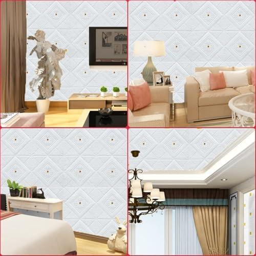 Image of 3D White Brick Wallpaper with Golden Tikdi Self Adhesive PE Foam Wall Sticker for Home Living Room Bedroom Kitchen Hotel DIY Wall Decor ((25, White with Goldan Round Wallpaper)