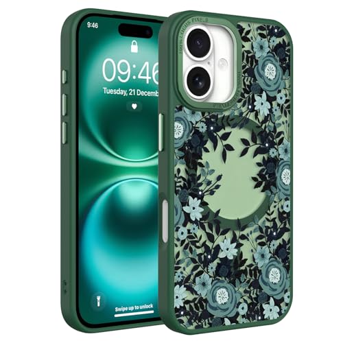 Image of Magnetic for iPhone 16 Plus Case with for Women, Green Flower | Pretty Floral Pattern Design [Compatible with MagSafe] Shockproof Slim Translucent Matte Non-Slip Protective Cover