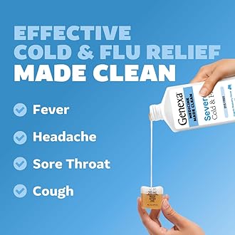 Genexa Clean Cold & Flu Relief, Dye Free, 0% Artificial Additives, Severe Daytime Medicine for Body Pain, Cough, Cold and Flu, Headache, Fever, Chest Congestion, Organic Blueberry Flavor, 6 fl oz