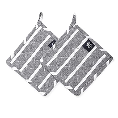 Encasa Homes 8 inches Oven Microwave Potholders (2 pc Set) for Kitchen Cooking & Baking - Heat Resistant, Thick & Safe, Protection of Hands from Hot Utensils, Grill, BBQ - Grey Stripes