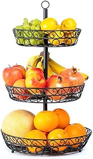 Chefarone 3 Tier Fruit Bowl - Countertop Metal Fruit Basket - Black Fruit Bowls Vintage Style (34 x 34 x 52 cm)