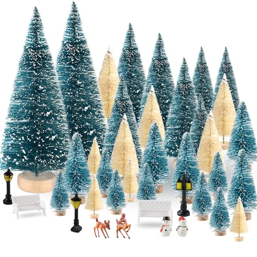 BOUBONI Mini Christmas Tree 35PCS Christmas Village Sets with Crafts Reindeer Snowmen Benches Street Lamp for Xmas Decorations Indoor Party Home Table Craft (Dark Green, Beige)