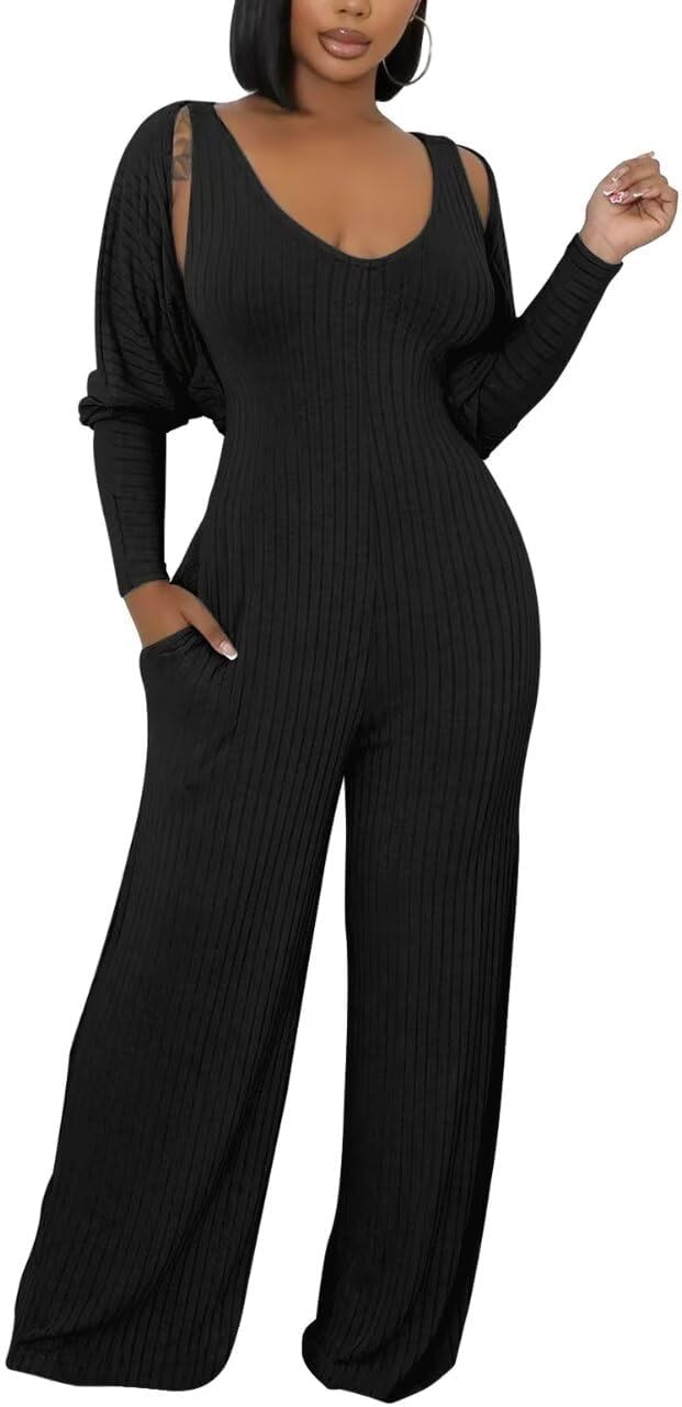Annystore Sexy 2 Piece Set for Women Fall Outfit Ribbed Knit Long Sleeve Crop Cardigan Wide Leg Pants Set Jumpsuit Clubwear