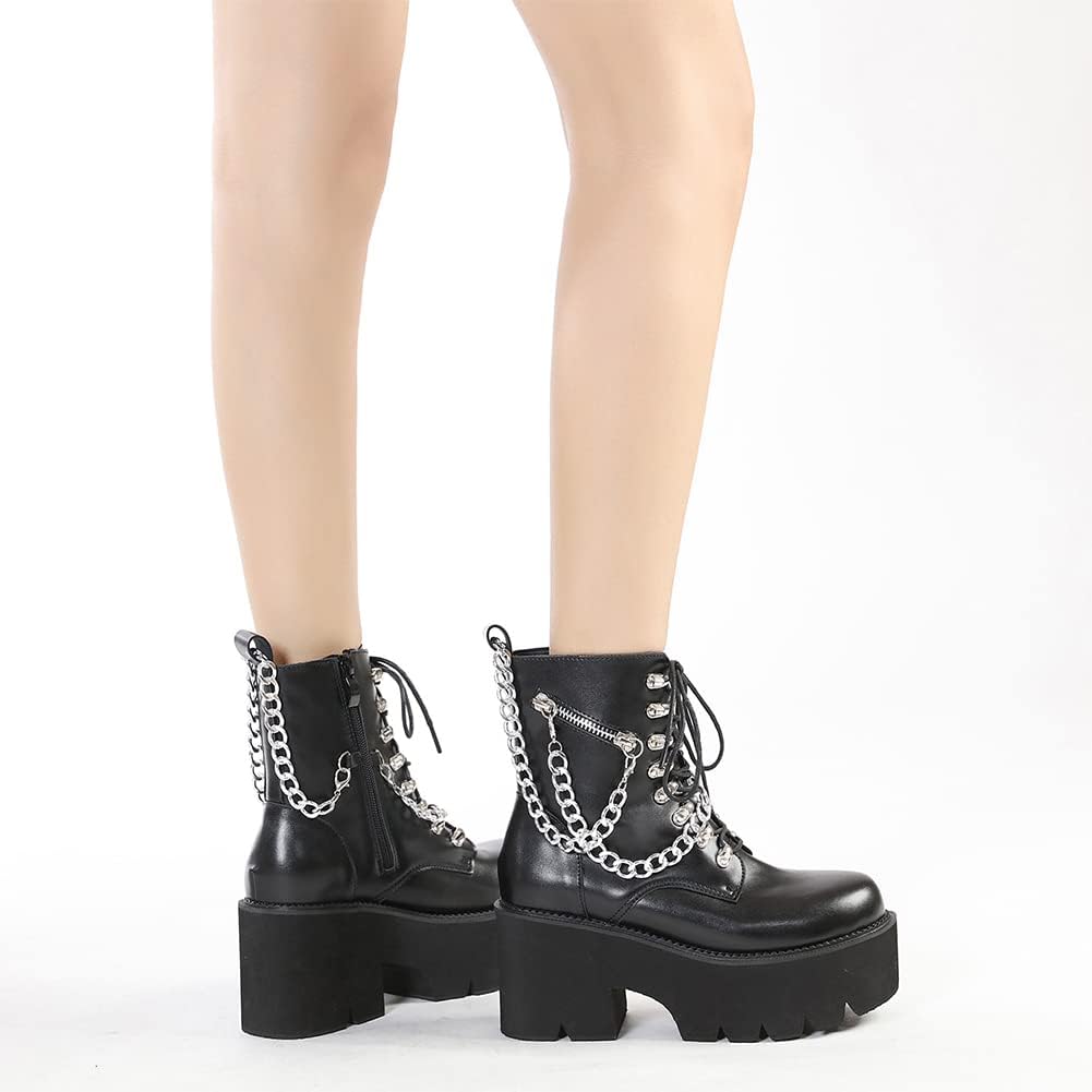 Miniatura 9 de mikarka Botas de plataforma de cadena para mujer, con cordones y cremallera, tacón grueso, botines de combate negros, botas de motocicleta con