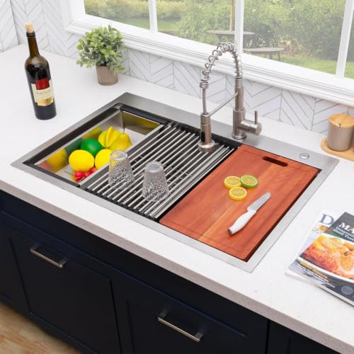 Image of 33 Inch Drop In Double Bowl Kitchen Sink, 33x22 Inch 60 /40 Topmount Workstation Sink, 16 Gauge Stainless Steel Double Basin with Included Cutting Board