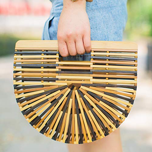 Image of Women's Bamboo Handbag by Handmade Straw Bag,Tote Bamboo Purse Natural Basket Bag for Summer Beach