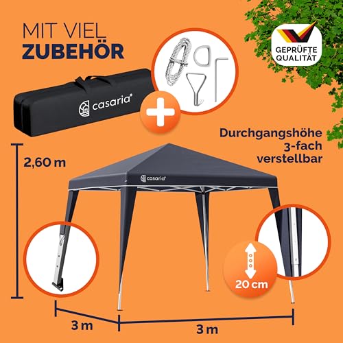 CASARIA® Pavillon Capri 3x3m Pop-Up UV-Schutz 50+ Wasserdicht Winterfest mit Tasche Faltbar Stabil Camping Garten Faltpavillon Partyzelt Anthrazit