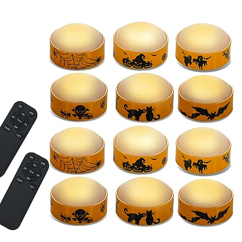 Image of 12 Halloween Battery LED Jack-O-Lantern Pumpkin Lights with Remote Decals | CANDLE CHOICE Battery Operated Flameless Candles with Remote and Timer for Halloween Pumpkin Decoration Orange Color 12 Pack
