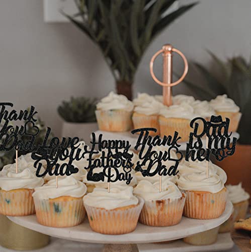 Jozon 24 Pieces Black Glittery Happy Father's Day Cupcake Toppers With Tie Hat Heart Beard Signs Fathers Day Cupcake Picks For Dads Day Party Supplies Cupcake Decorations #TOP6
