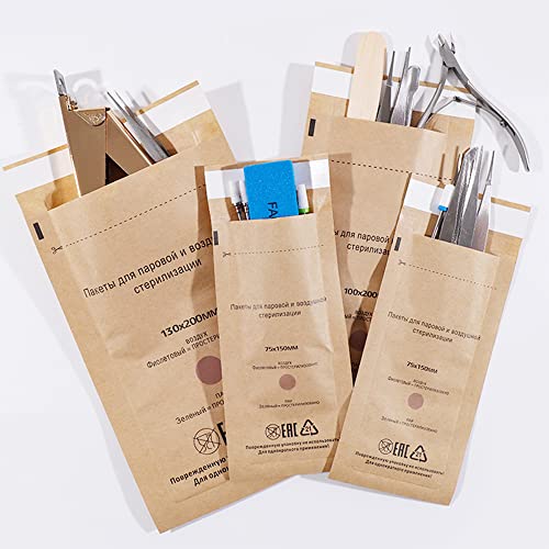 QUTUNI 100 Self-Sealing Cleaning Pouches, Dry Heat Autoclave Kraft Paper Cleaning Bags for Dentist Tools and Nail Art Supplies (100mm x 200mm)