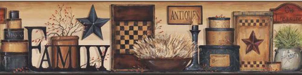 Country Keepsakes Family Shelf Border Removable Wallpaper, Beige, Tan, Brown, Black, Red, Grey
