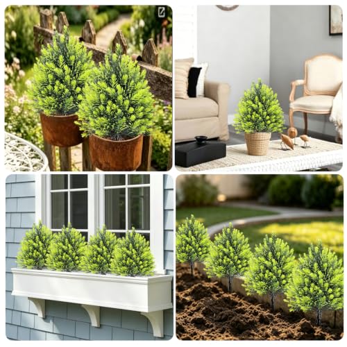 THKFUL 4Pack Artificial Cedar Trees Outdoor with Spike, 16.5" UV Resistant Faux Shrubs Pathway Artificial Evergreen Tree, Outdoor Indoor Fake Plants for Planters, Front Porch, Garden, Yard Decor by THKFUL - Used condition - Image 7