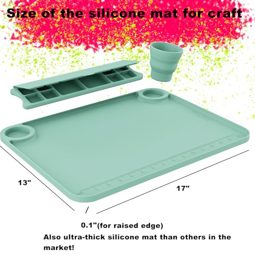 Image of Svartur Silicone Painting Mat with Cup and Palette Detachable, 17 inchX13 inch Thick Silicone Craft Mat with Raised Edge for Artist, Kids Painting Station Silicone Creator Mat, Pack of 2, Purple & Green
