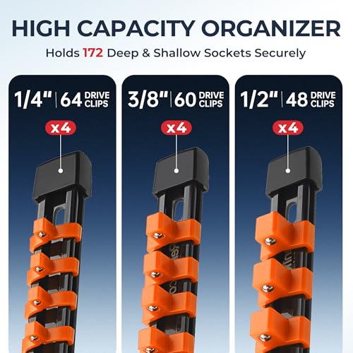Image of Reniteco 12-Pack Socket Organizer Set, 1 /4 inch x 64 3 /8 inch x 60 1 /2 inch x 48 Clips | 172 Clip Capacity, Havy-Duty ABS Socket Rails, Removable Clips, Drive Socket Storage, Toolbox Drawer or Wall Mount