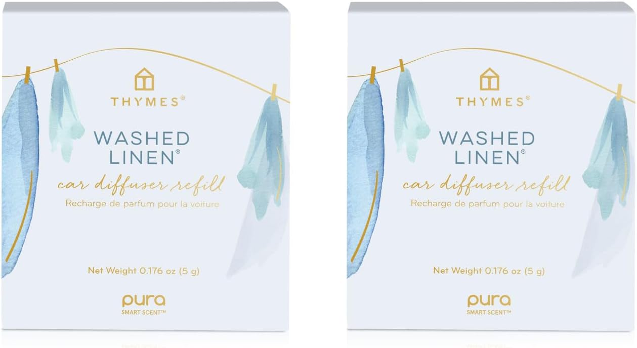 Thymes Pura Car Diffuser Refills – 2 Pack of Vehicle Air Fresheners – Air Freshener Car Accessories for Women & Men – Notes of Cedar Wood, Lavender & White Pepper (Washed Linen, Pack of 2)