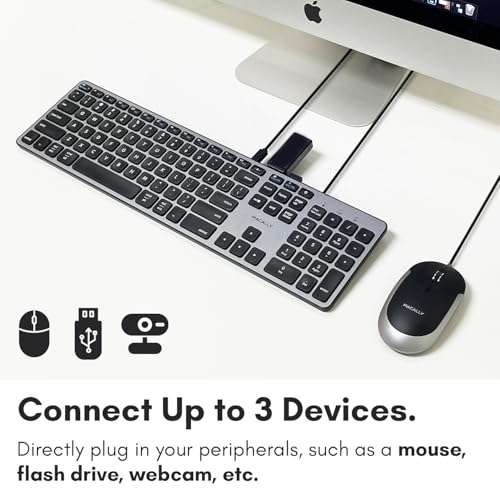 Macally Premium Wired USB C Keyboard with USB Ports (2X USB-A |1x USB-C Ports) - Wired Keyboard for Mac Mini/Pro, iMac, MacBook, iPad, and PC - Full Size Type C Connection