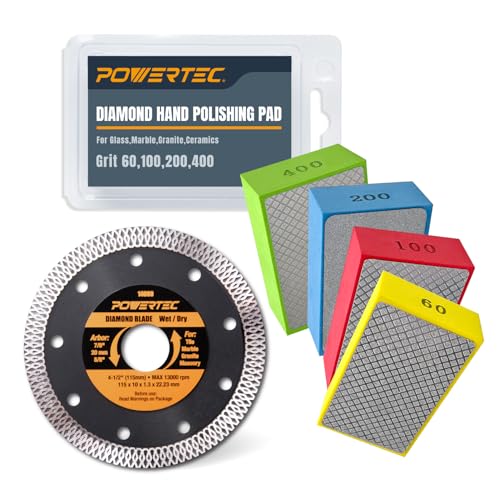 Image of POWERTEC 72212 4-1 /2 inch Diamond Saw Blade & Diamond Hand Polishing Pads Kit, Turbo Mesh Rim Tile Blade for Porcelain and Ceramic Tile & Assorted 60 /100 /200 /400 Grits Sanding Block for Granite,Wood,Metal