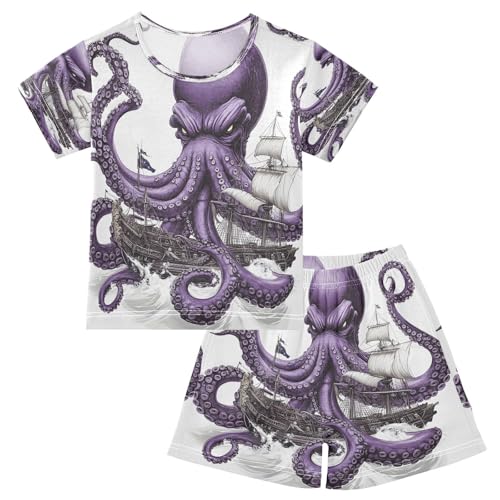 ALAZA Octopus Kraken Boat Pajamas Set Short Sleeve Cotton Sleepwear Summer Pjs 2 Piece 5-14Y